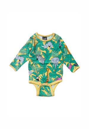 Yellow baby bodysuit with green tropical leaves and cartoon animals including giraffe, elephant, zebra, rhino, toucan, and flamingo, long sleeves.