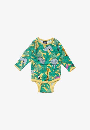 Body jaune pour bébé avec des feuilles tropicales vertes et des animaux de bande dessinée, dont une girafe, un éléphant, un zèbre, un rhinocéros, un toucan et un flamant rose, manches longues.