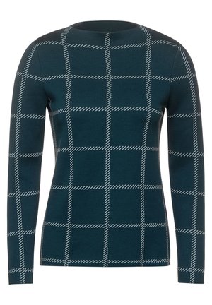 Dunkelgrüner Pullover mit langen Ärmeln, weißem diagonalem Karomuster und rundem Ausschnitt.