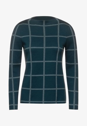 Dunkelgrüner Pullover mit langen Ärmeln, weißem diagonalem Karomuster und rundem Ausschnitt.