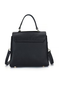 Black leather handbag with a pebbled texture, structured shape, top handle, removable shoulder strap, and gold-tone hardware accents.