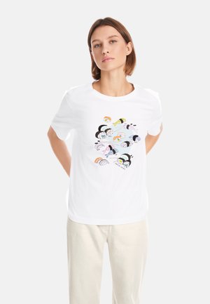 White cotton t-shirt with a colorful sushi-themed graphic design featuring various sushi types and cartoon elements across the front.
