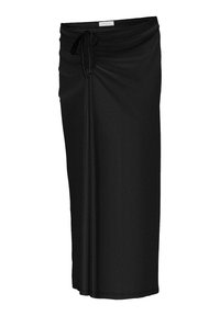 Gonna maxi nera con vestibilità comoda, realizzata in tessuto elastico, dotata di vita con coulisse e texture liscia. Design semplice e versatile.