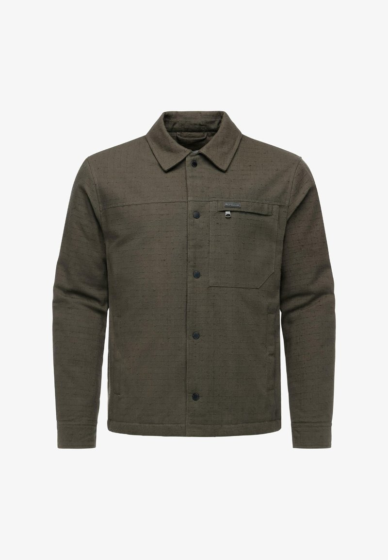 Olivgrüne Jacke aus strukturiertem Stoff, mit knöpfbarem Frontverschluss und einer Brusttasche. Sie verfügt über einen klassischen Kragen und schwarze Knopfdetails.