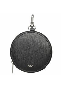 Porte-monnaie rond en cuir noir avec une surface texturée, matériel en acier inoxydable, et un clip pour attacher. Il présente un détail de logo subtil en bas.