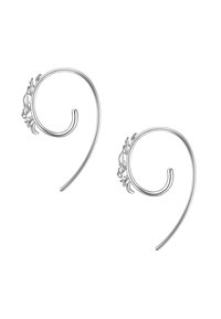 Sudraba spirāles auskari ar ziedu akcentiem, piedāvājot elegantu, izliekta dizaina un spīdīga apdare. Eleganti un viegli.