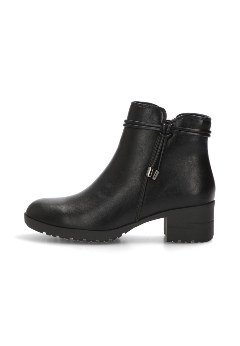 Botas de tobillo de cuero negro con puntera redondeada, cierre de cremallera, tacón grueso y suela texturizada. Diseño minimalista con sutiles acentos de hardware.