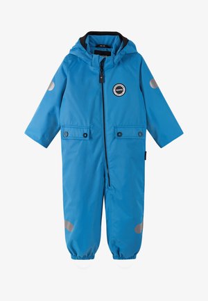 Blue waterproof jumpsuit with a hood, featuring a front zipper, two snap pockets, and grey reflective accents on the arms and legs.
