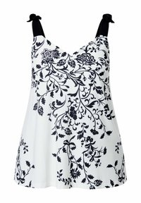 Stampa floreale nera su sfondo bianco, top senza maniche con spalline nere regolabili e scollatura a V. Design fluido con una texture leggera.