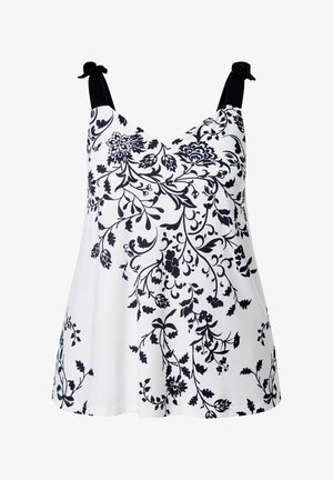 Zwarte bloemenprint op een witte achtergrond, mouwloze top met verstelbare zwarte bandjes en een V-hals. Vloeiende ontwerp met een lichte textuur.