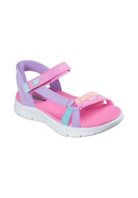 Sandalia rosa y púrpura con dos correas ajustables, un diseño ligero, plantilla texturizada y suela de goma blanca.