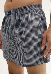 Geblokte boxershorts in marineblauw, bruin en lichtblauw. Gemaakt van lichte stof, met een elastische tailleband en een functionele knoopsluiting.
