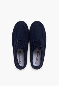 Navy blue canvas shoes with a round toe, decorative laces, and a braided jute sole. Marked with "Pisamonas" inside.
