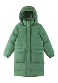 Grøn pufferjakke med hætte, lynlås lukning, sidelommer og elastiske manchetter. Designet har en glat, blank overflade.