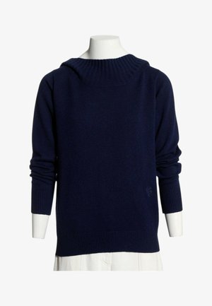 Granatowy, dzianinowy sweter z długim rękawem, z prążkowaniem na mankietach i kołnierzu, prezentowany na białym torsie manekina.
