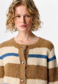 Junge Person mit lockigem blonden Haar, die einen flauschigen braunen, cremefarbenen und blauen gestreiften Knöpfen-Pullover trägt.