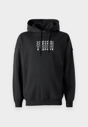 Schwarzer Kapuzenpullover aus Baumwolle mit einer Fronttasche. Enthält ein weißes grafisches Textdesign mit der Aufschrift "VISION".