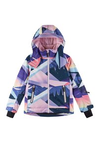 Giacca colorata resistente all'acqua con un motivo geometrico di montagne in rosa, blu e viola. Include un cappuccio e diverse tasche con zip.