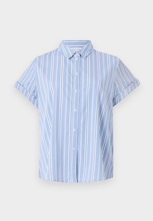 Camicia azzurra chiaro a maniche corte con bottoni, strisce verticali bianche, colletto e polsini arrotolati. Tessuto con una texture liscia.