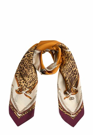 Foulard in seta con stampa leopardata nelle tonalità di marrone e oro, bordato con un orlo bordeaux e arricchito con illustrazioni di catene e fiocchi.