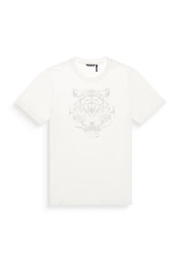 Camiseta de algodón blanca con un sutil gráfico de tigre gris claro en el frente. Mangas cortas y cuello redondo. Textura suave.