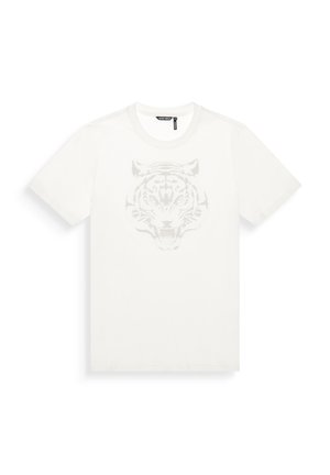 Camiseta de algodón blanca con un sutil gráfico de tigre gris claro en el frente. Mangas cortas y cuello redondo. Textura suave.