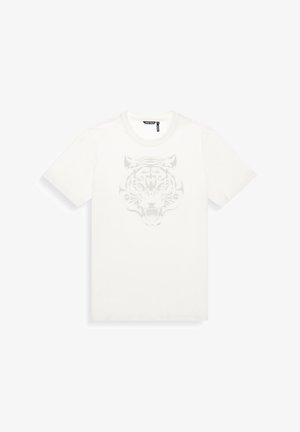 Camiseta de algodón blanca con un sutil gráfico de tigre gris claro en el frente. Mangas cortas y cuello redondo. Textura suave.