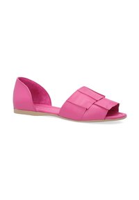 Pink leather slip-on shoes with a flat sole, featuring layered strips across the front and open back for breathability.