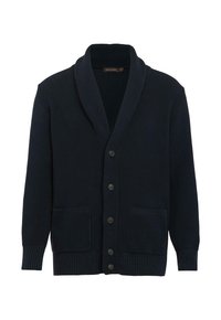 Cardigan lavorato a maglia blu navy con collo sciallato, cinque bottoni frontali, polsini e orlo a coste, e due tasche applicate frontali.