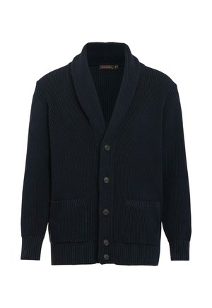 Granatowy dzianinowy kardigan z kołnierzem szalowym, pięcioma guzikami z przodu, ściągaczami na mankietach i dolnym brzegu oraz dwoma naszywanymi kieszeniami z przodu.
