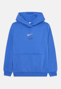 Sweat à capuche bleu en tissu mélangé coton. Comprend une poche kangourou frontale et un logo Nike imprimé en argent sur la poitrine.