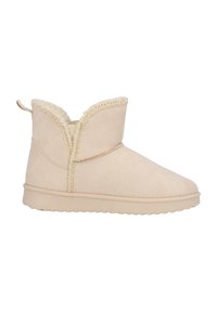 Botines beige con parte superior de suave ante, forro de borreguito y suela de goma flexible. Presentan un borde decorativo cosido y un lazo en la parte posterior.