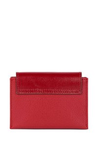 Red leather wallet with a smooth, glossy flap and textured body, featuring a minimalist design and stitched edges.