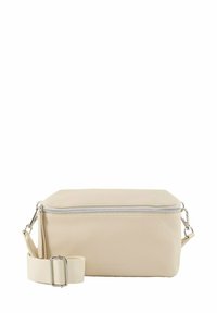 Borsa a tracolla in pelle beige con forma rettangolare, zip in argento e tracolla regolabile. Superficie testurizzata con dettagli di branding minimi.