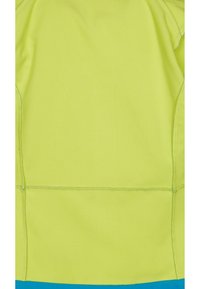 Giacca in fleece verde chiaro con orlo inferiore blu, caratterizzata da cuciture a contrasto, una texture liscia e un design sportivo.
