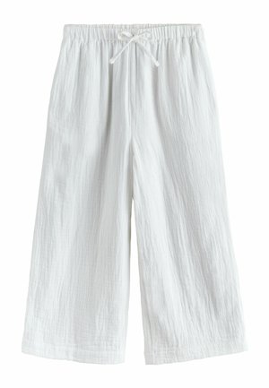 Fehér, széles szárú nadrág rugalmas derékpánttal és elöl húzózsinórral, könnyű, texturált anyagból készült.