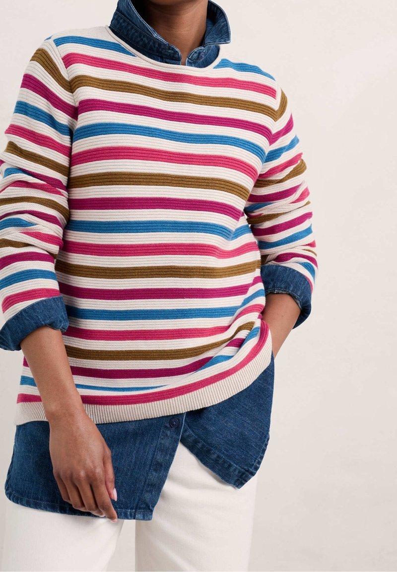 Personne portant un pull rayé multicolore par-dessus une chemise en denim aux manches retroussées, avec un pantalon blanc, main reposant sur le côté.