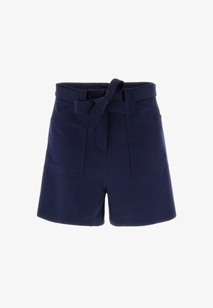 Shorts bleu marine avec une taille à nouer, des poches avant et un design ajusté, fabriqués dans un tissu lisse et léger.