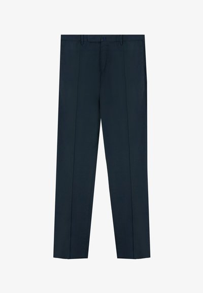 Pantalones azul marino fabricados en un tejido ligero, con dos bolsillos frontales, una textura suave y un ajuste entallado con detalles de pliegue.