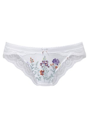 White lace bikini panties with multicolored floral embroidery and a small decorative bow at the waistband center.