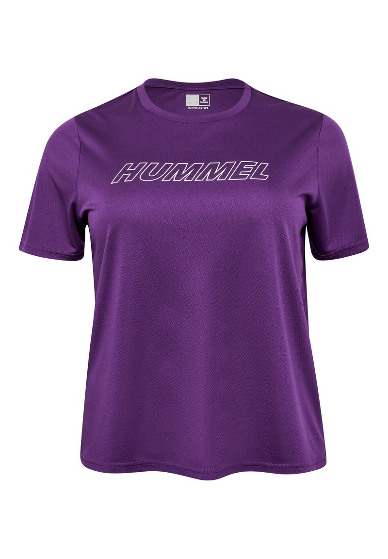 Lila sportströja med korta ärmar, tillverkad av textilerad tyg, med ordet "HUMMEL" i vitt över bröstet.
