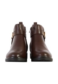 Brown leather ankle boots with a smooth finish, featuring a side zipper and a decorative strap with a gold buckle accent.