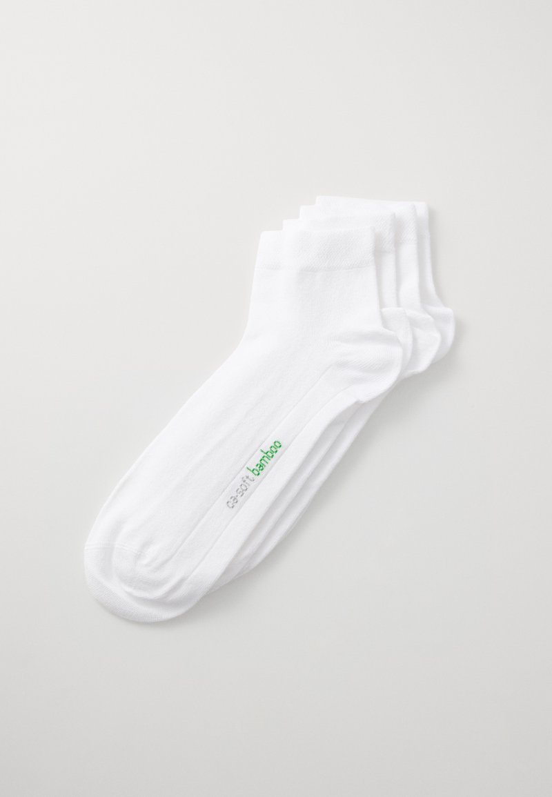 Hvide bambusokker, blødt materiale, crew længde, med et grønt "bamboo" logo. Tekstureret, åndbar og let design.