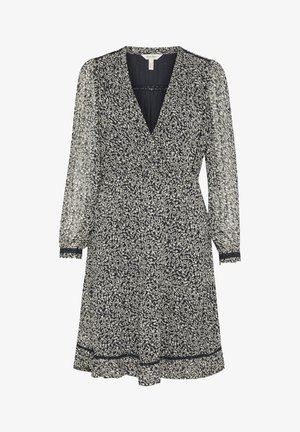 Marineblauwe jurk met een bloemenpatroon, lange doorschijnende mouwen, v-hals en geplooide taille. Beschikt over een gerimpelde zoom en contrasterende afwerking.