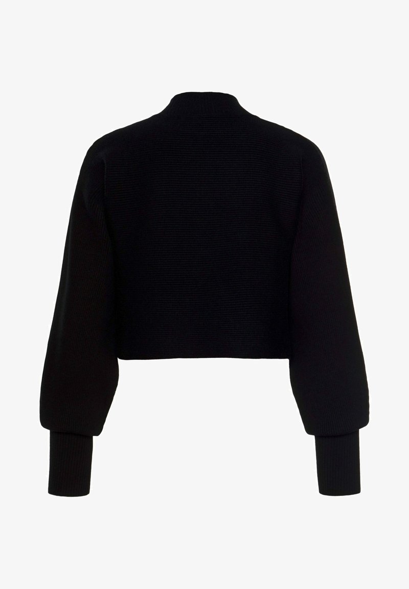 Pull en laine noir court avec des manches ballon longues et des poignets côtelés ajustés, présenté de dos sur fond blanc.