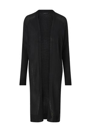 Cardigan noir en tissu léger, avec un design ouvert à l'avant, des manches longues et une texture côtelée sur les bords. Sans fermetures.