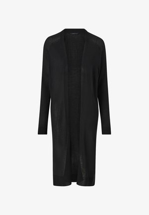 Cardigan noir en tissu léger, avec un design ouvert à l'avant, des manches longues et une texture côtelée sur les bords. Sans fermetures.