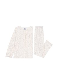 Leichte Baumwoll-Pyjama-Set mit langärmligem Oberteil und passender Hose in Creme, verziert mit kleinen, mehrfarbigen Blumenprints.