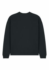 Sweat-shirt noir avec encolure ronde, manches longues, poignets et ourlet côtelés. Texture lisse, design minimaliste, sans motifs visibles.