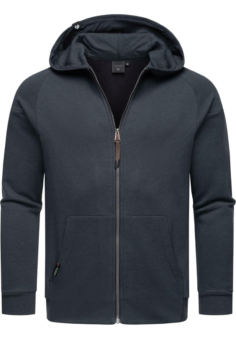 Sudadera con cremallera de color gris oscuro, hecha de un tejido suave, con capucha, bolsillos frontales y puños de canalé. Incluye una cremallera con un acento metálico.